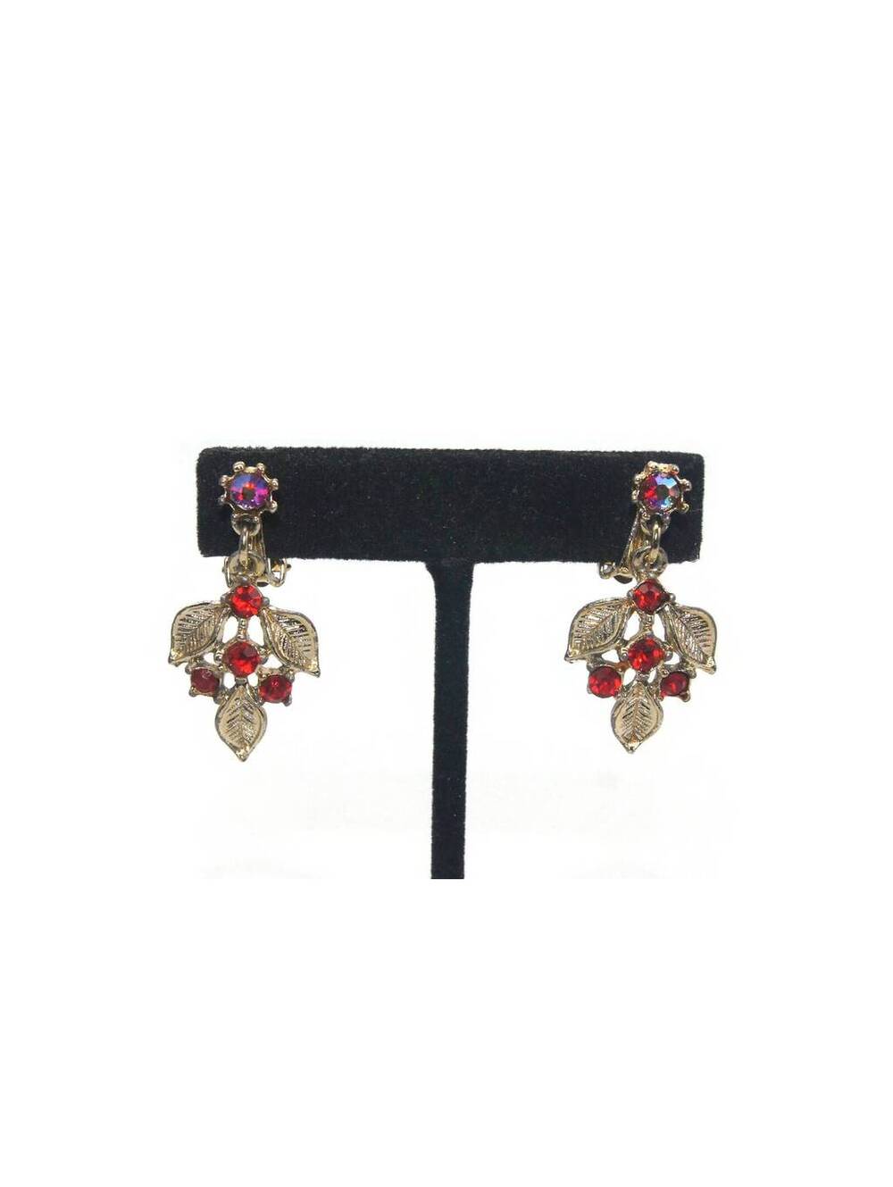 Vintage Gold Tone, Red and Red Aurora Borealis Rhinestones Clip On Earrings.
